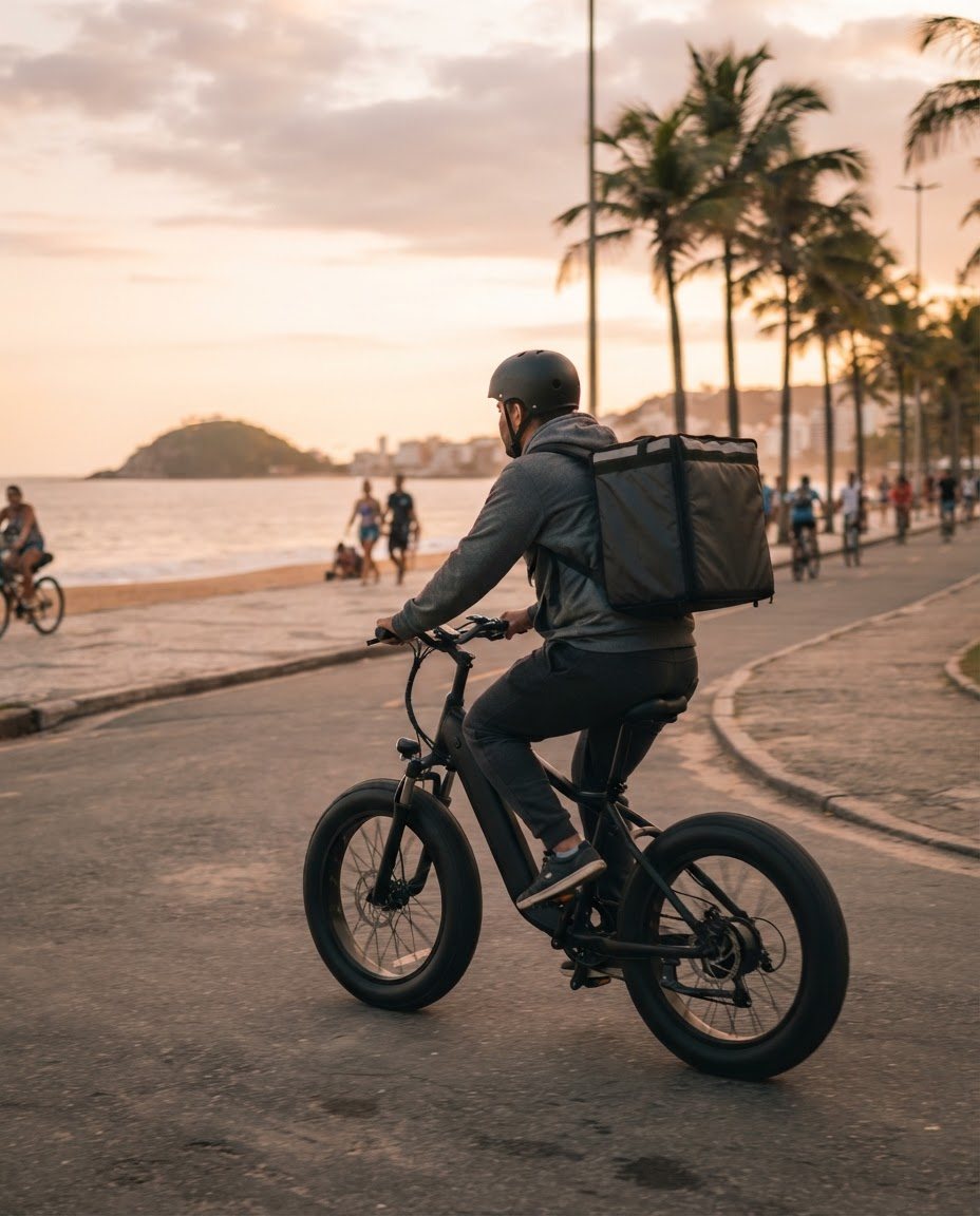 Entregador rodando de bike elétrica na orla de Vila Velha